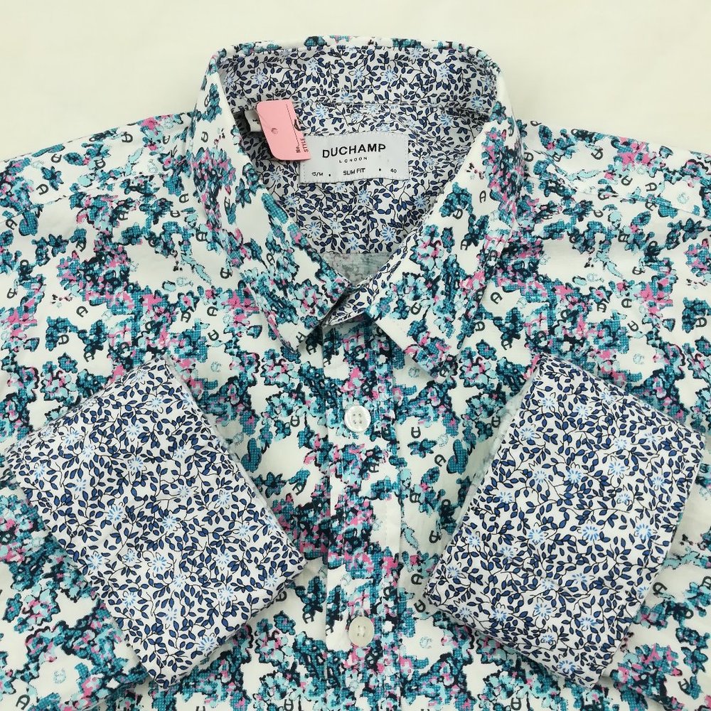 Duchamp London Slim Fit Floral Long Sleeve Button Up Flip Cuff Shirt